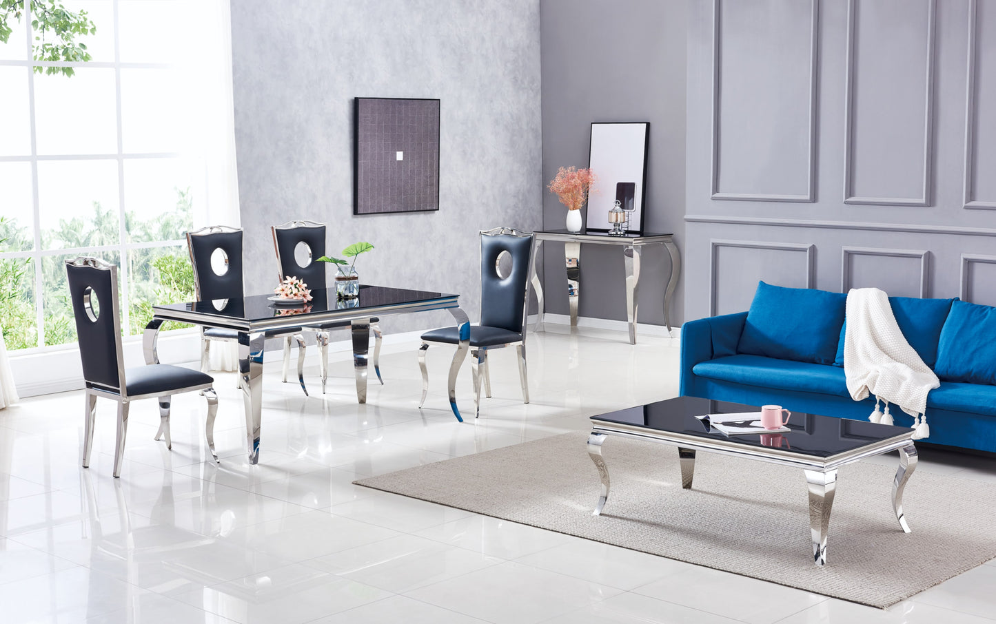 Table repas Baroque – Pieds chrome et plateau noir 180x90x75 cm