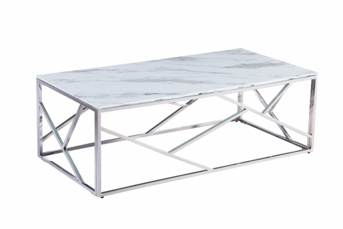 Table Basse Geomag – Pieds Inox & Plateau Marbre Blanc 120x60x45 cm