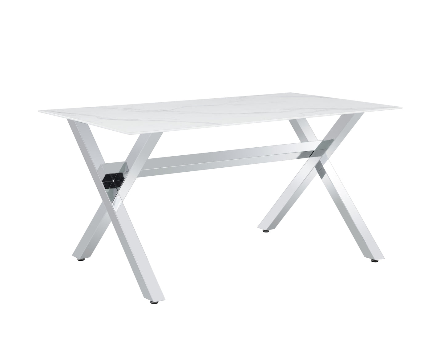 Table repas Ixe – Pieds métal chrome et plateau effet marbre blanc 180x90x70 cm