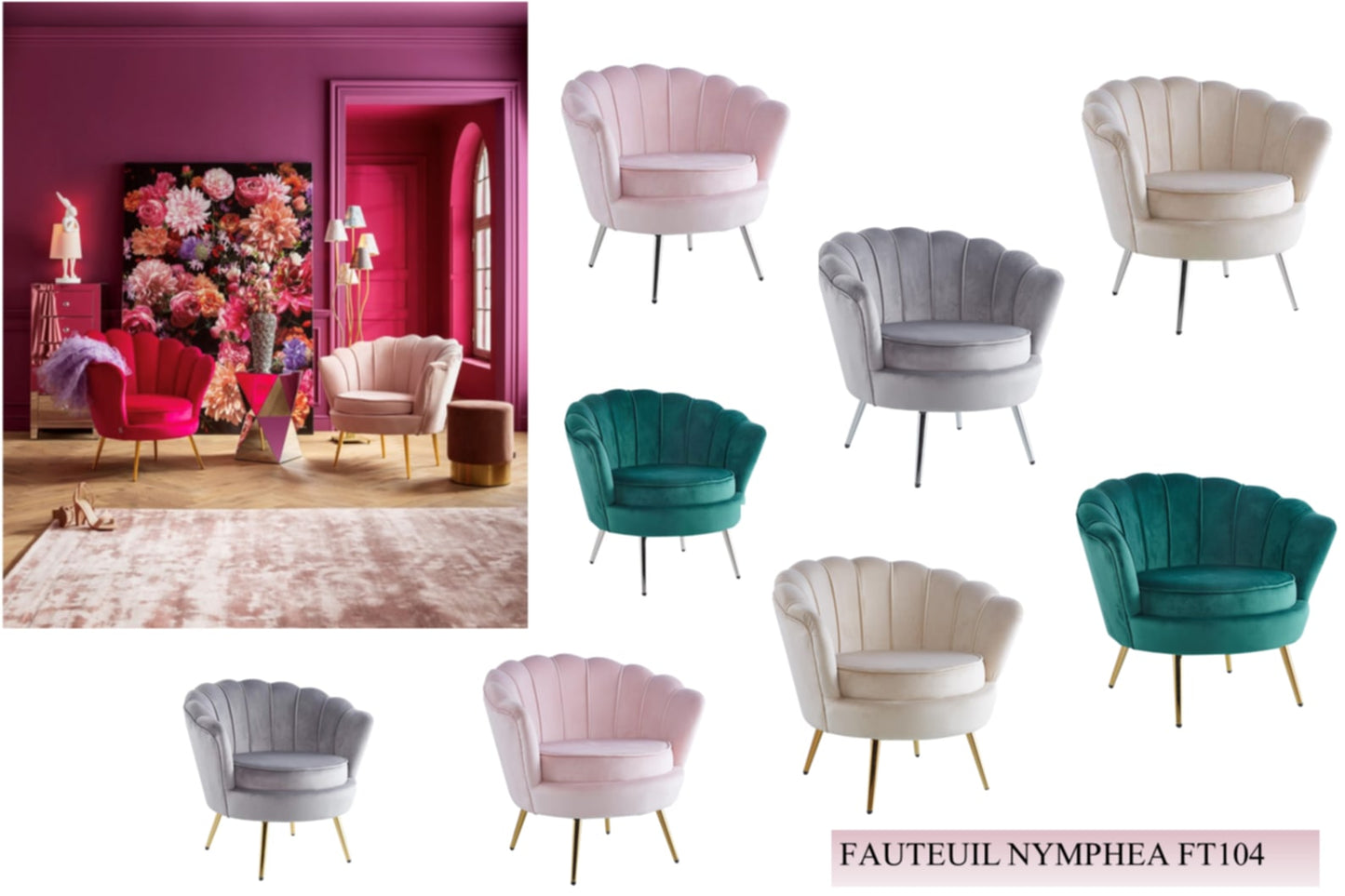 Fauteuil Nymphea – Design élégant en tissu gris avec pieds dorés