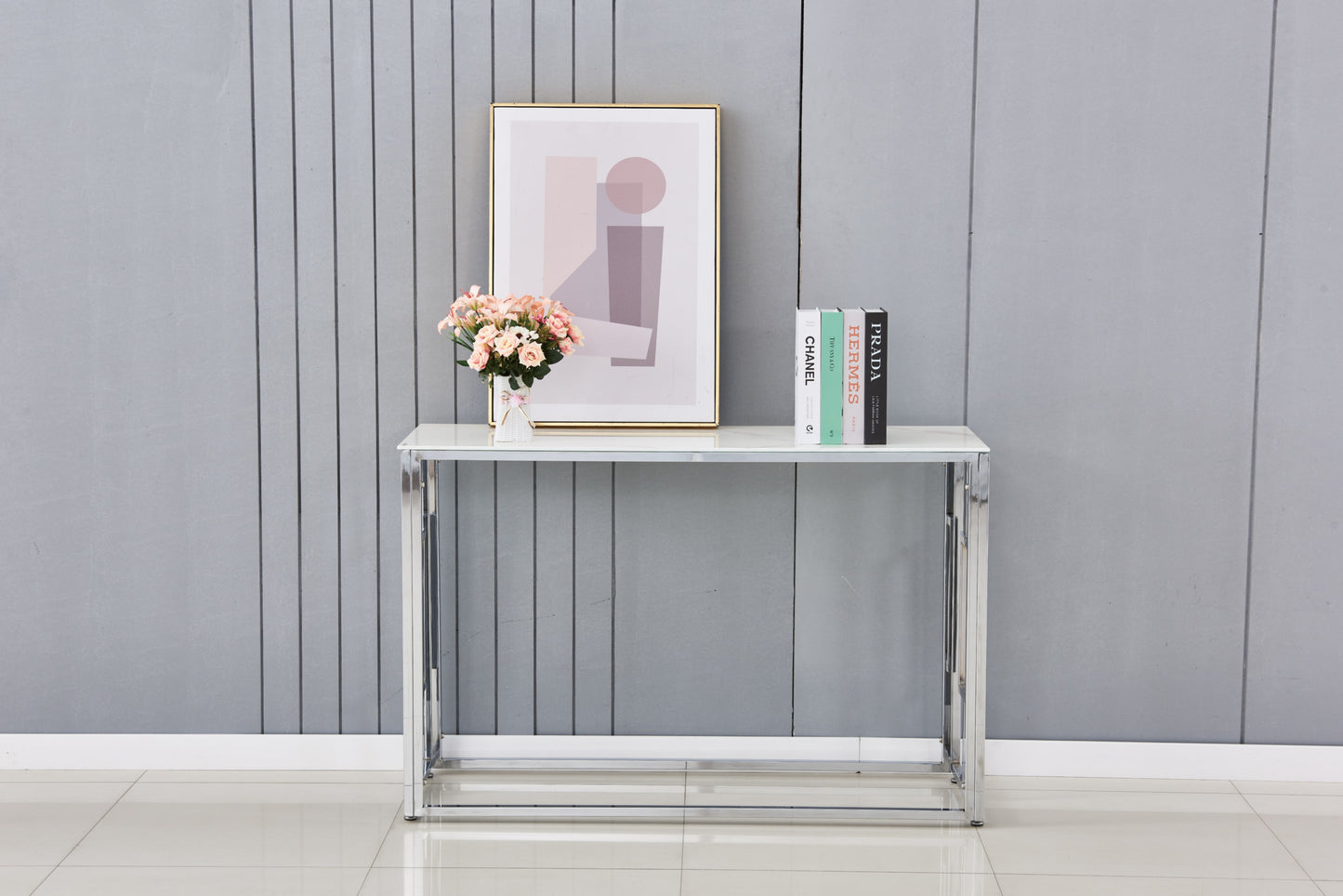 Console Sophie en Chrome et Marbre Blanc 120x40x78 cm