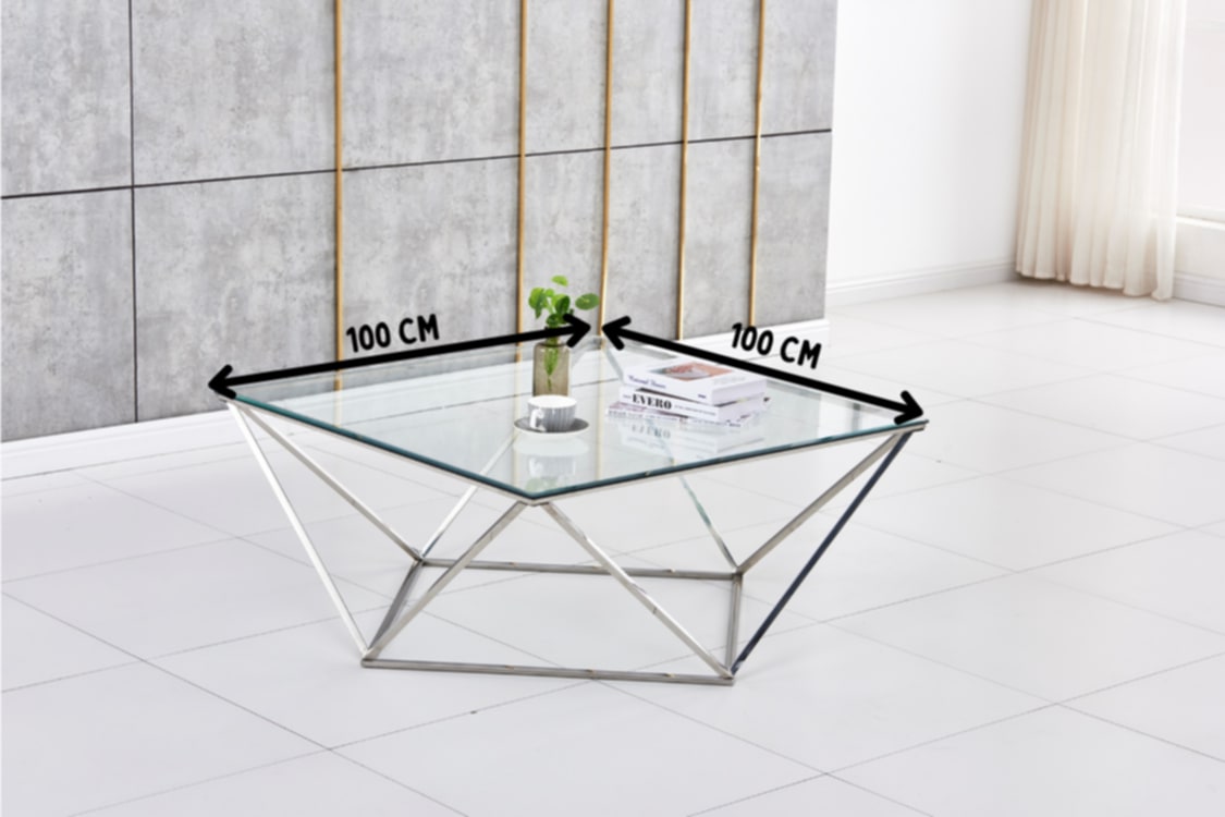 Table Basse Alina – Pieds Chrome & Plateau Transparent 100x100x45 cm