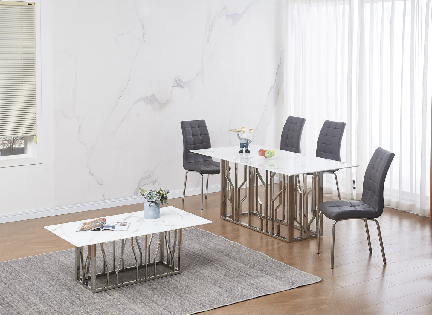 Table repas Portofino – Pieds chrome et plateau effet marbre blanc 180x90x75 cm