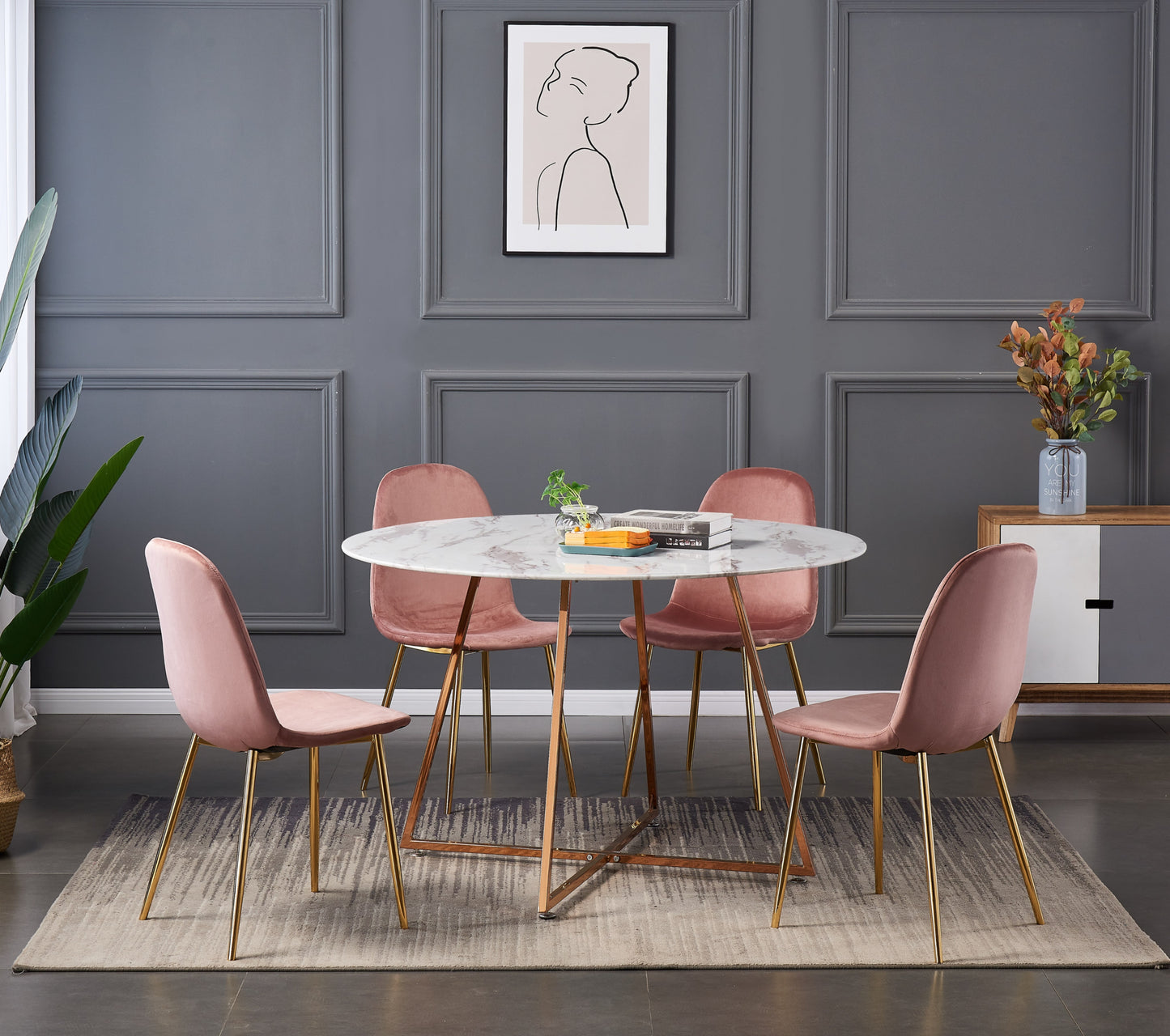 Table repas Héloïse – Pieds or rose et plateau effet marbre blanc Ø120 cm