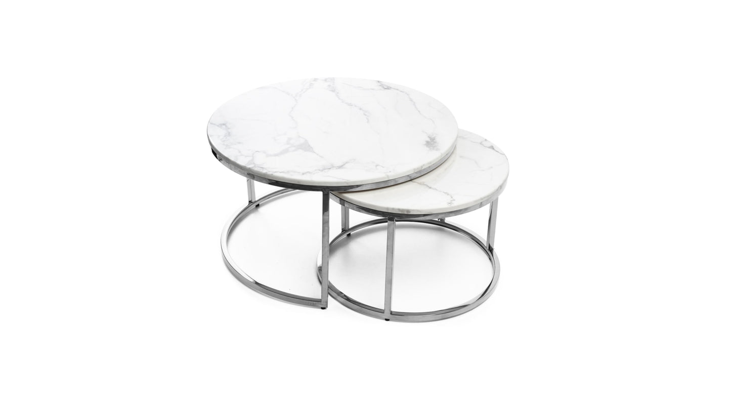 Tables Basses Gigognes – Pieds Chrome & Plateaux Marbre Blanc 80x45 cm