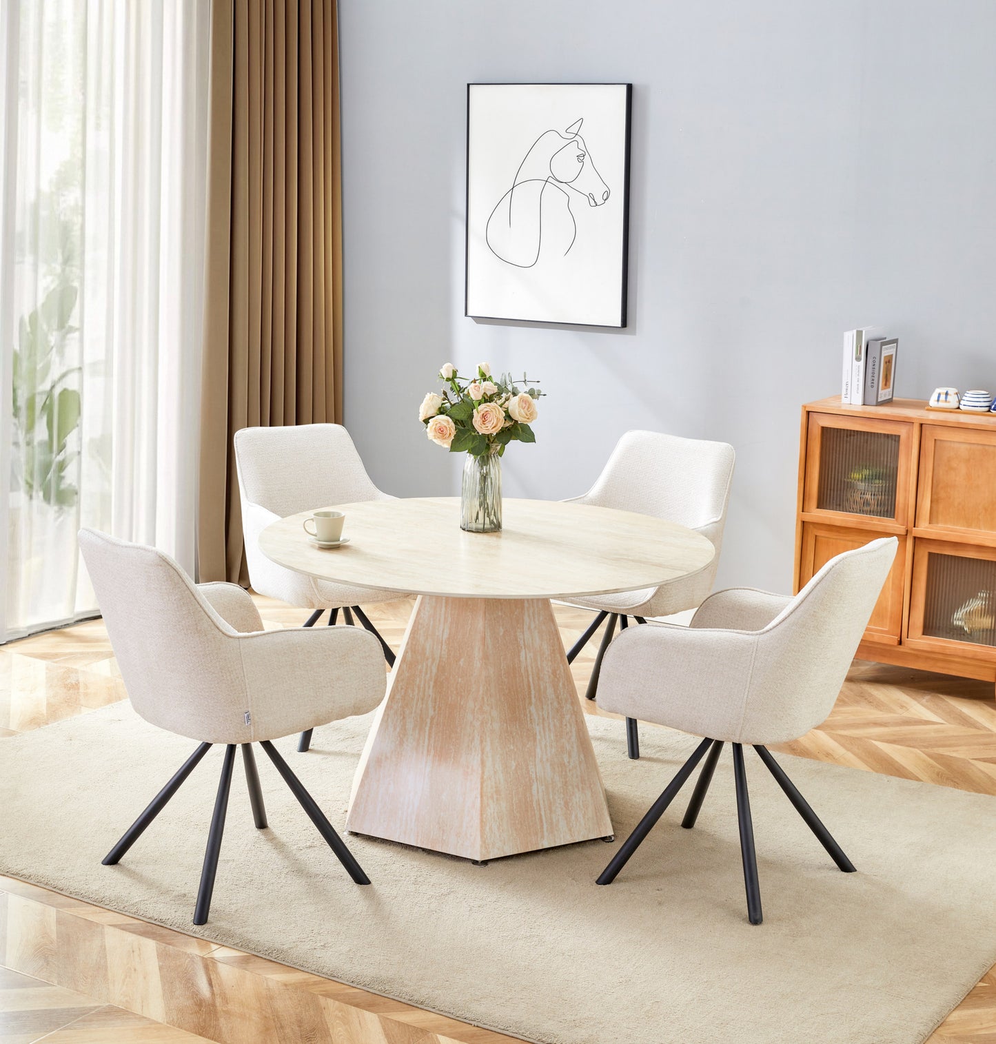 Table de repas Solal – Pied effet travertin et plateau céramique travertin mat Ø120 cm
