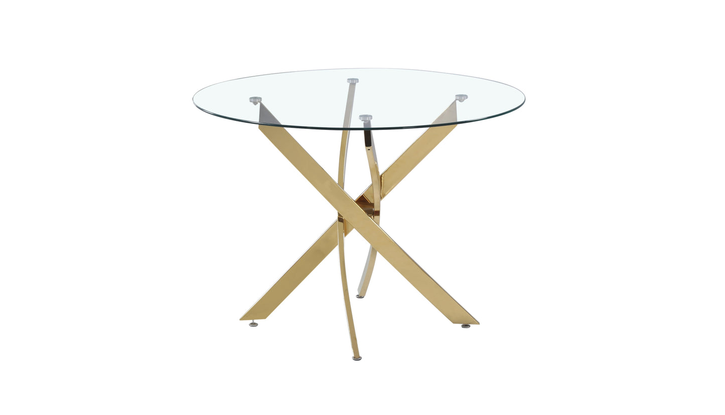 Table de repas Jessica 100x75 cm – Pieds finition gold et plateau en verre transparent