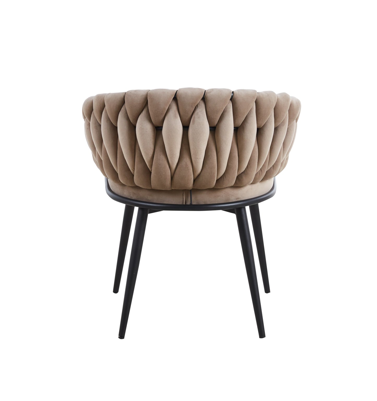 Chaise Tressée avec Accoudoirs en Velours Taupe et Pieds Métal Noir – Confort et Style