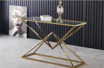 Console Pyramide en Métal Doré avec Plateau Verre Transparent – 120x40x78 cm
