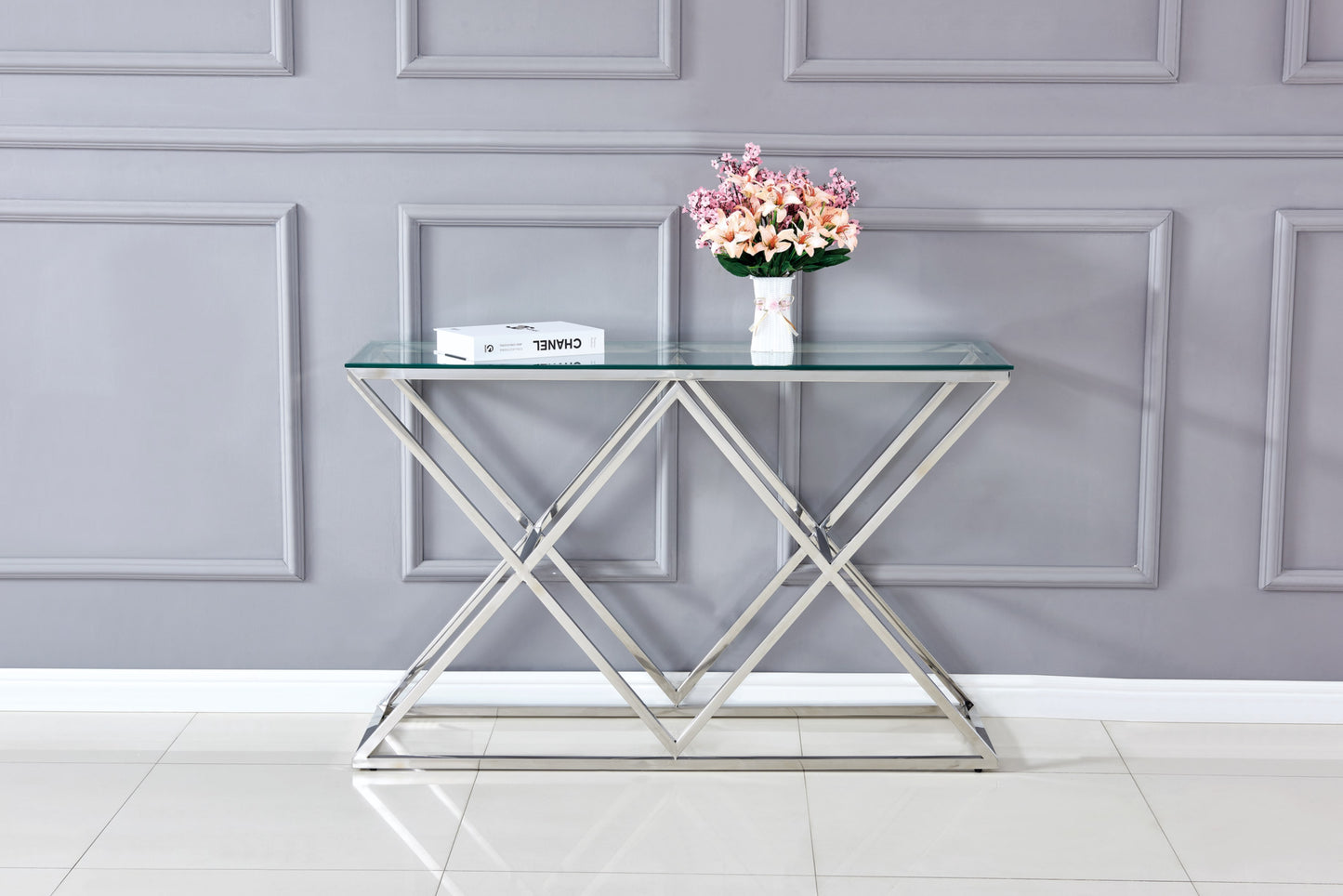 Console Triangle en Chrome avec Plateau Verre Transparent – 120x40 cm