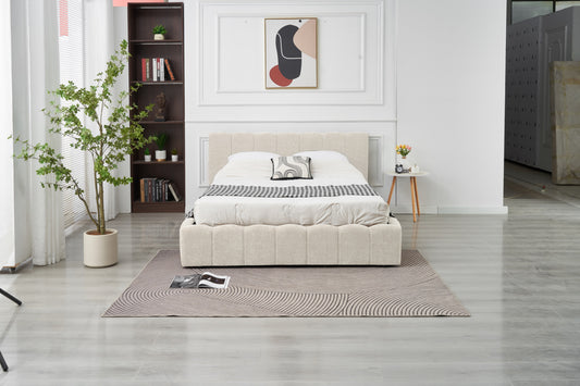 Lit Double Coffre Moon – Tissu Chenille Beige 160x200 cm