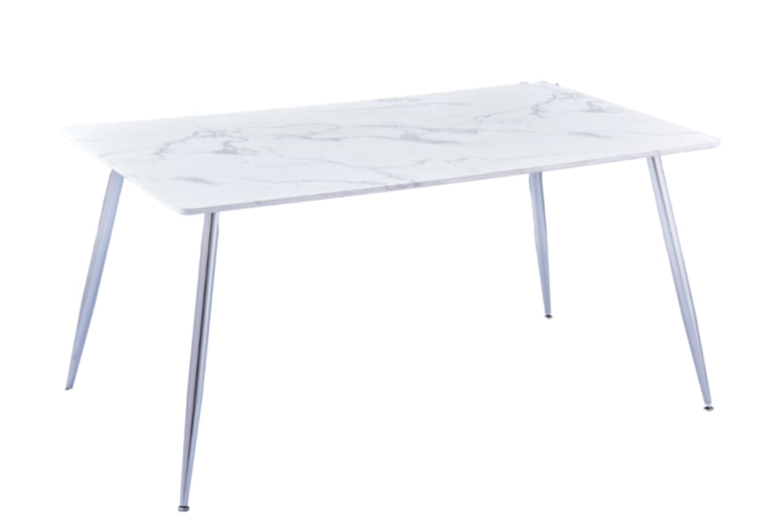 Table à manger Agnès – Pieds chrome et plateau effet marbre blanc 150x90x75 cm