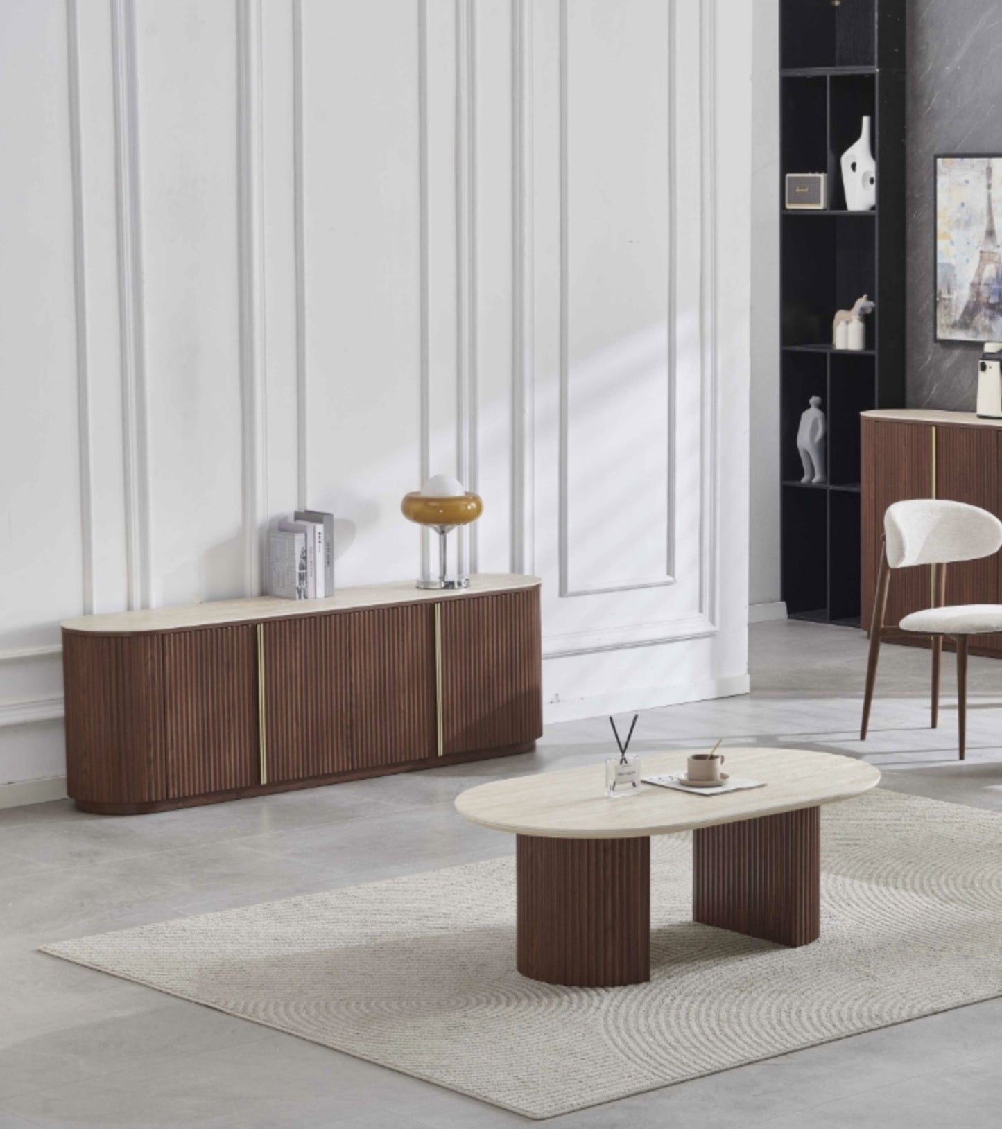 Meuble TV Calypso – Noyer avec Plateau en Céramique Effet Travertin 180 cm