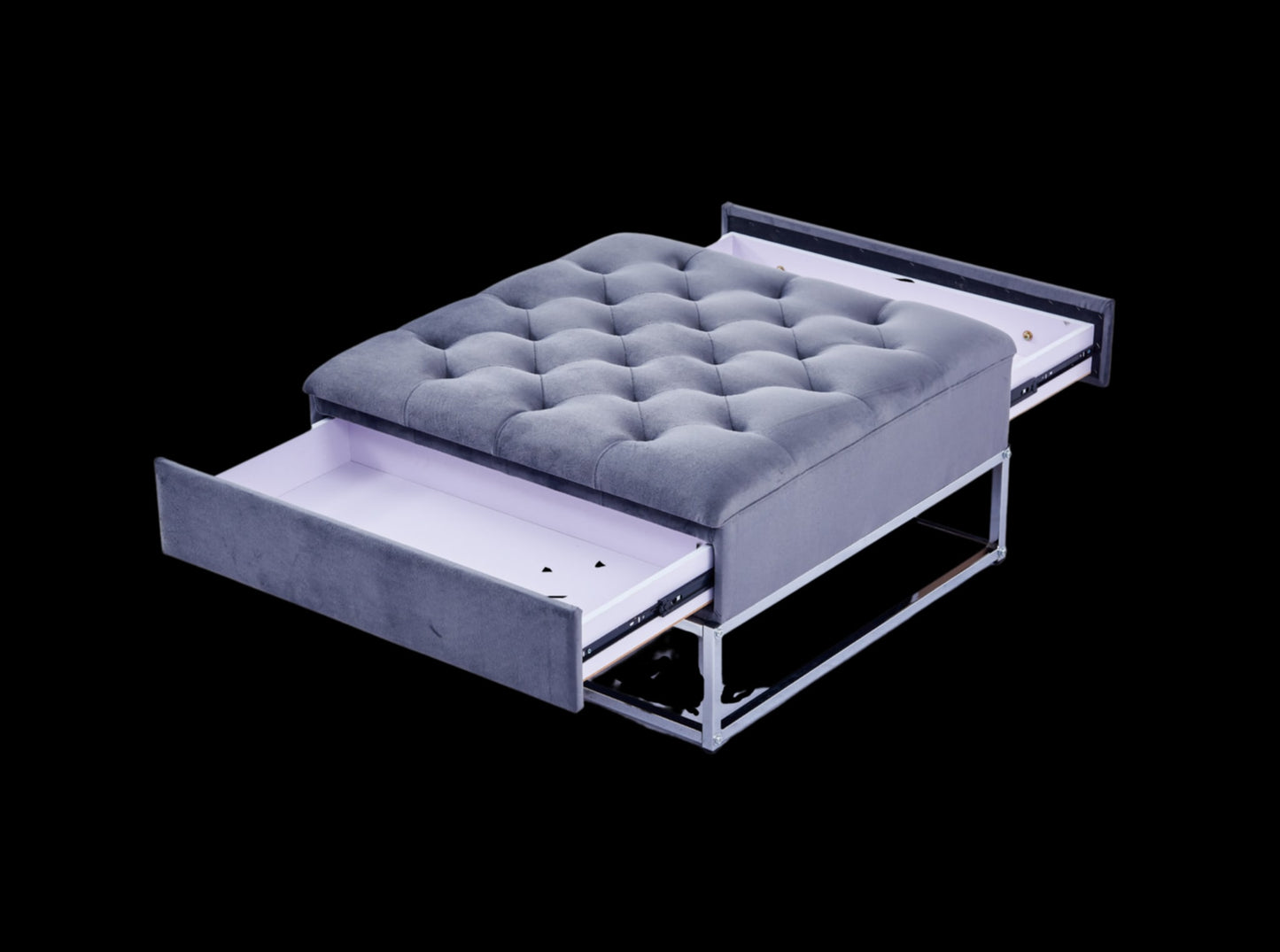 Table Basse à Tiroirs – Chrome & Gris 80x80x43 cm