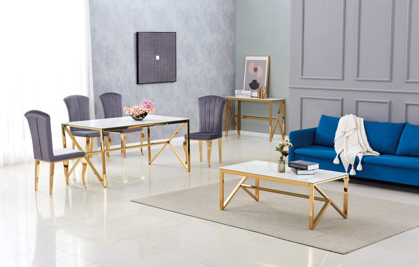 Console Majestique en Métal Doré avec Plateau Marbre Blanc – 120x40x78 cm