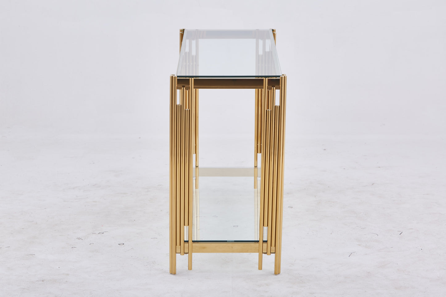Console Flute en Métal Doré avec Plateau Verre Transparent – 120x40x78 cm