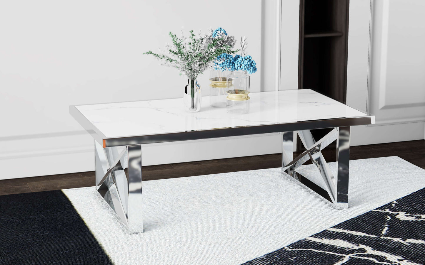 Table Basse Levanto – Métal Chrome & Plateau Marbre Blanc 120x60x45 cm