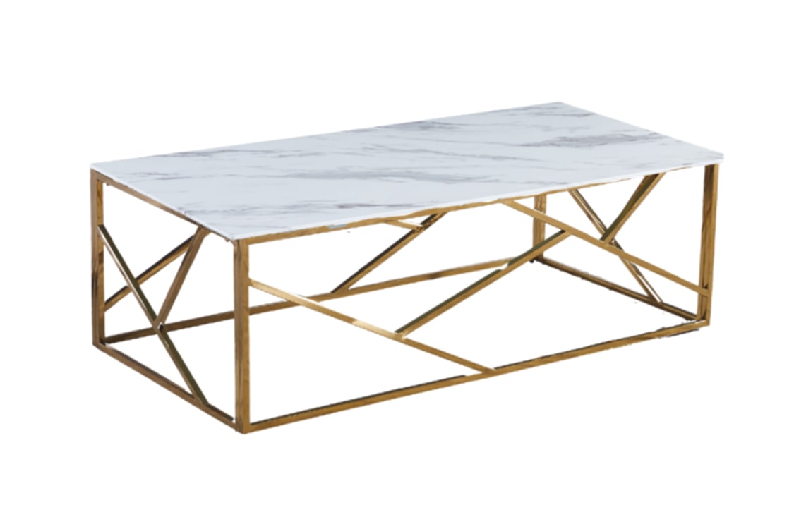 Table Basse Geomag – Métal Gold & Plateau Marbre Blanc 120x40x45 cm