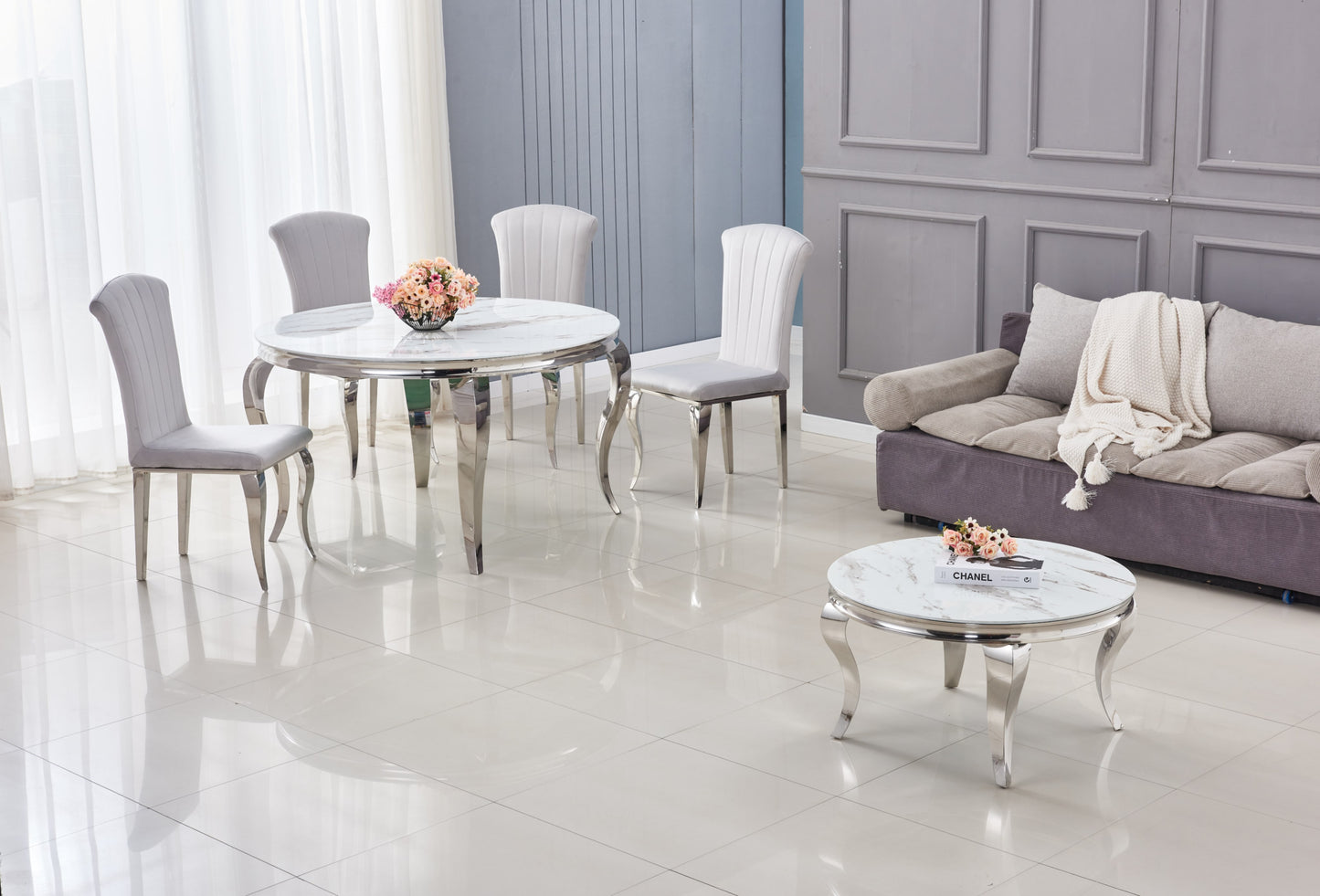 Table Basse Baroque Ronde – Chrome & Marbre Blanc 80x45 cm