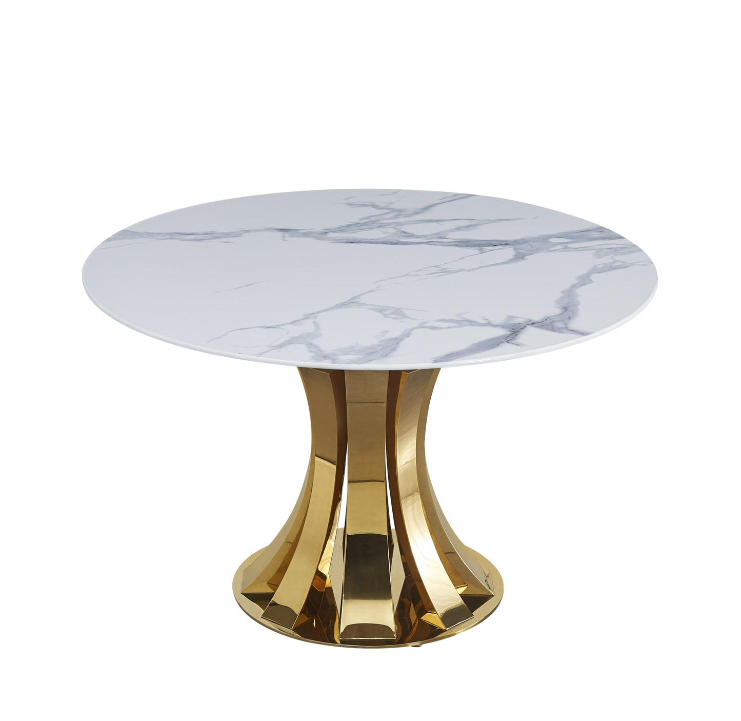 Table à manger ronde Judith – Pieds finition gold et plateau céramique effet marbre blanc Ø120 cm