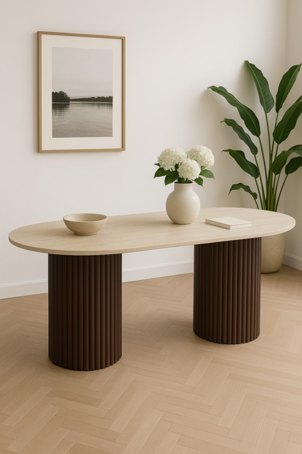 Table à manger Keysha 180x90x75 cm – Pieds métal et plateau céramique effet noyer