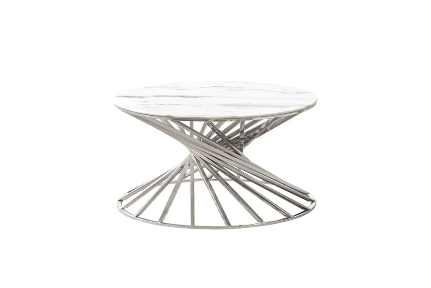 Table Basse Nautilus – Finition Chrome & Plateau en Marbre Blanc Ø80 cm
