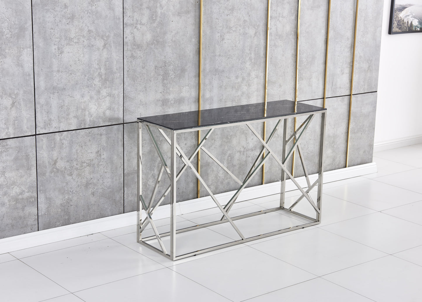 Console Geomag en Métal Doré avec Plateau Marbre Noir – 120x40x78 cm