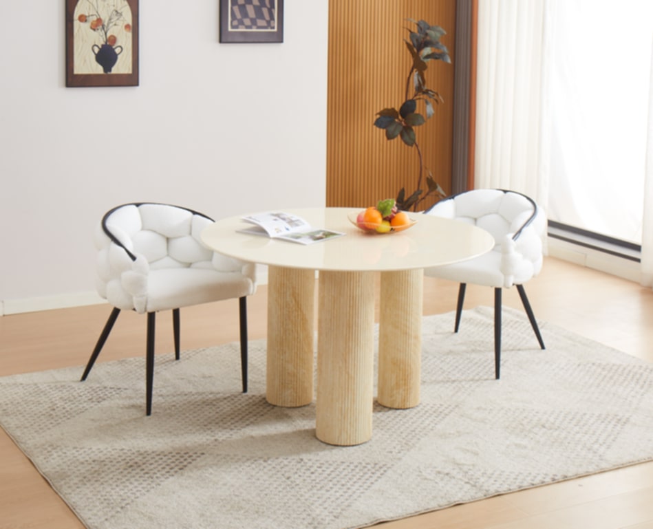Table de repas Anaïs – Pieds métal effet travertin et plateau céramique beige 120 cm