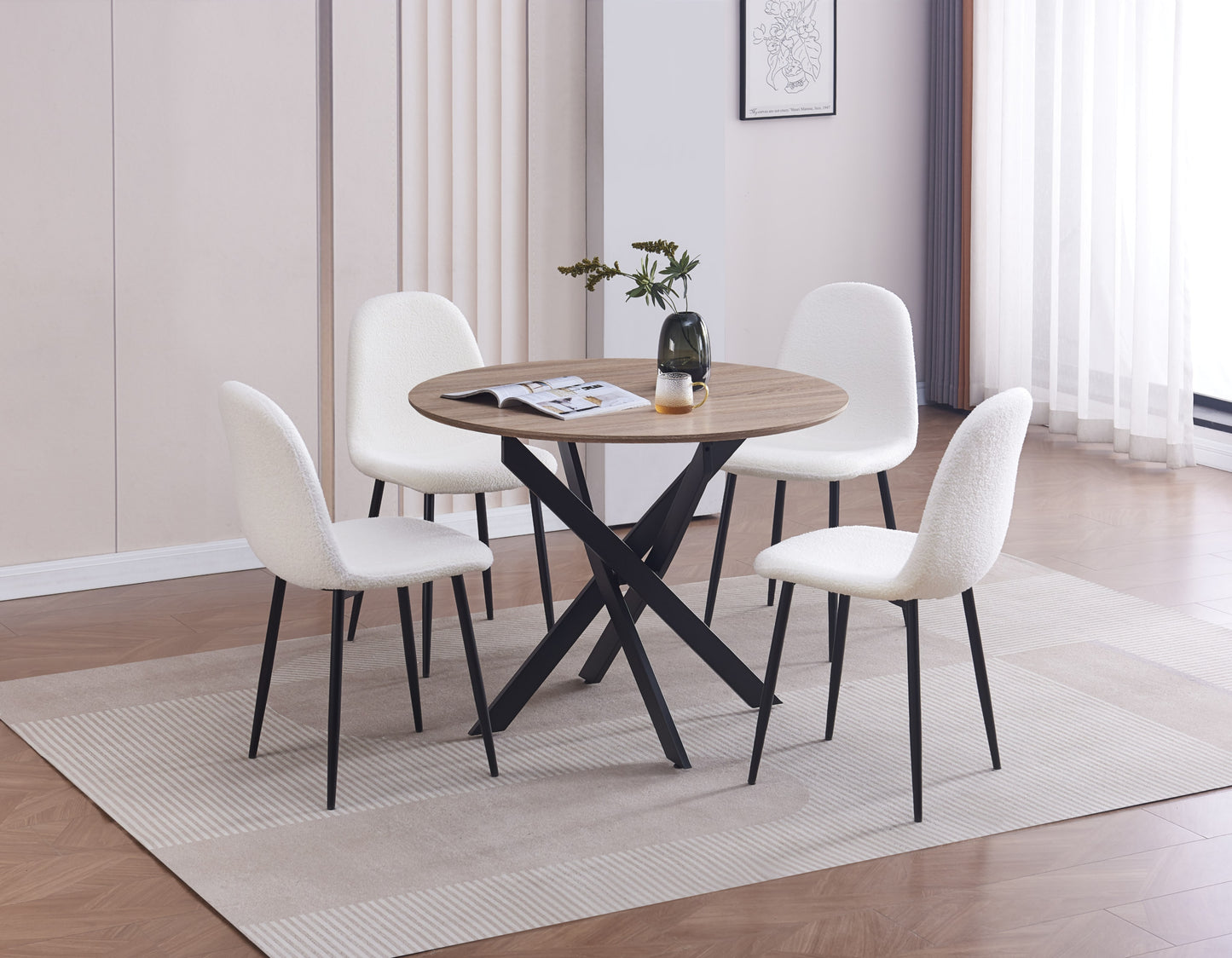 Table de repas Jessica ronde – Pieds métal noir et plateau effet chêne griffé Ø100 cm