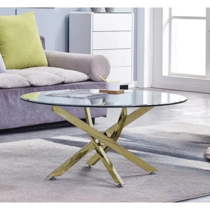 Table Basse Ronde Jessy – Pieds Gold & Plateau Transparent 80x45 cm