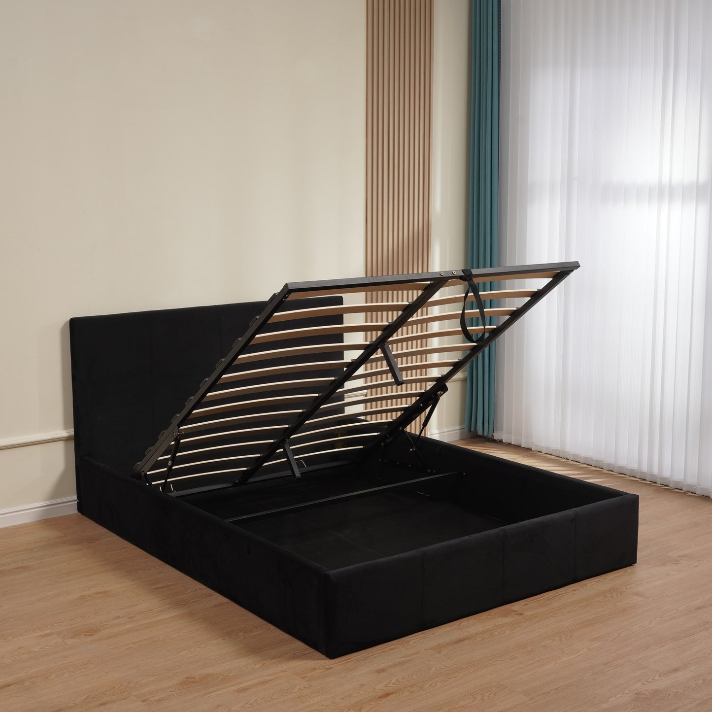 Lit coffre Bastien en velours gris 140x190 cm – Design pratique et élégant