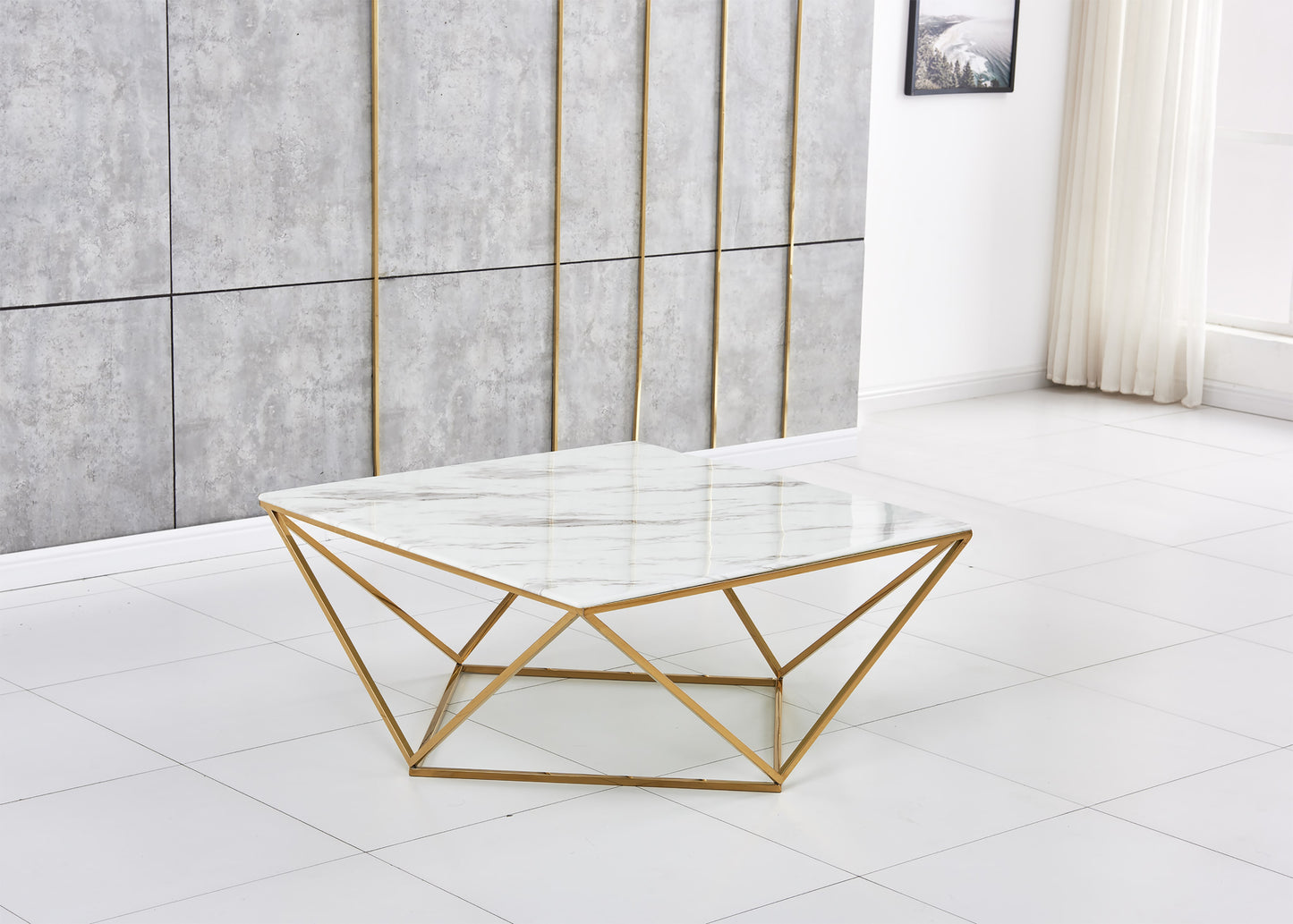 Table Basse Alina Gold – Plateau Marbre 100x100x45 cm