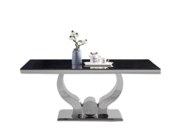Table repas Trofy – Pieds chrome et plateau effet marbre noir 180x90x75 cm