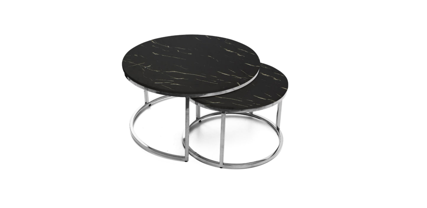 Tables Basses Gigognes Romeo – Pieds Inox & Plateau Marbre Noir 80x45 + 60x38 cm