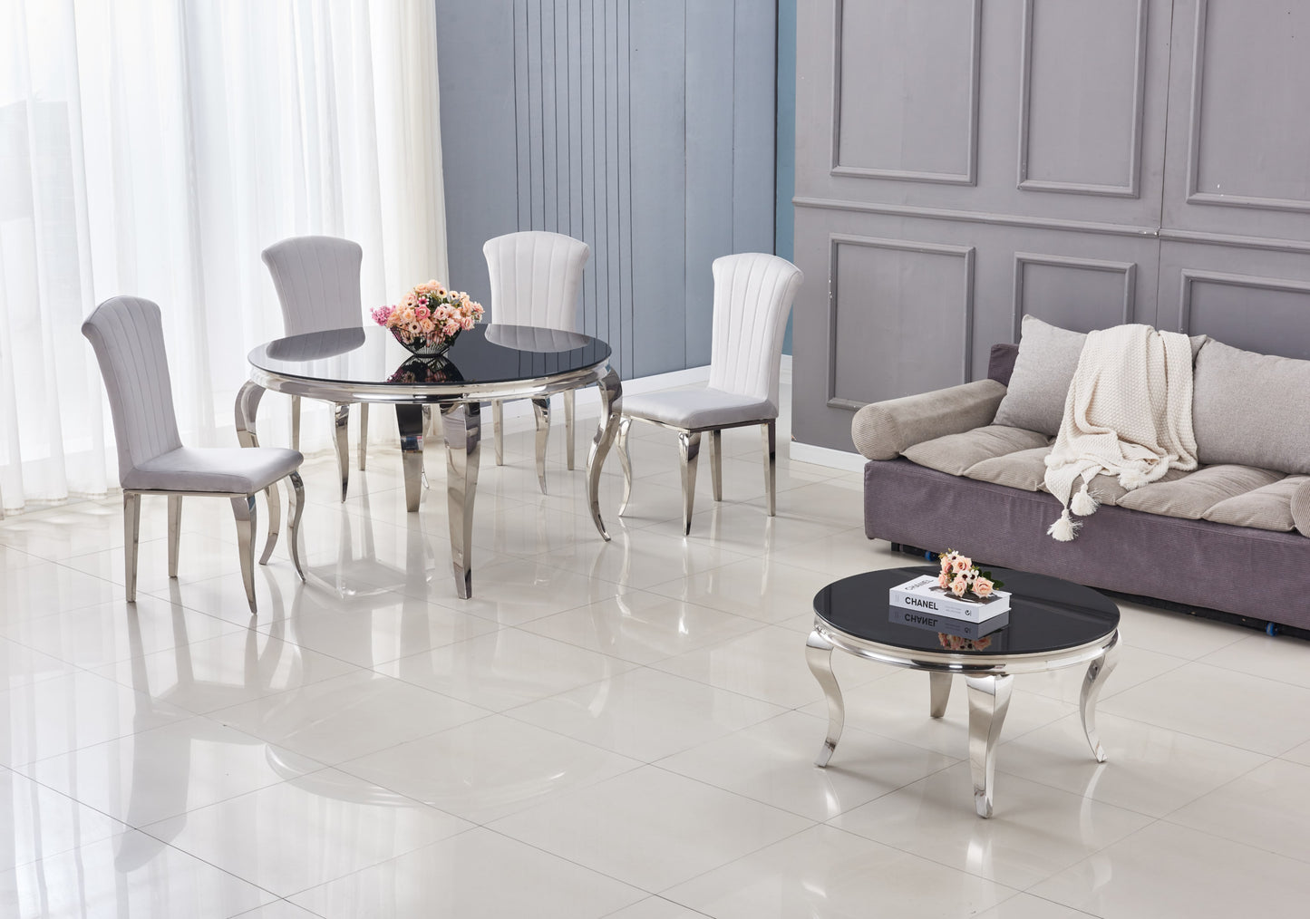 Table repas Baroque – Plateau rond noir et pieds chrome 130x75 cm