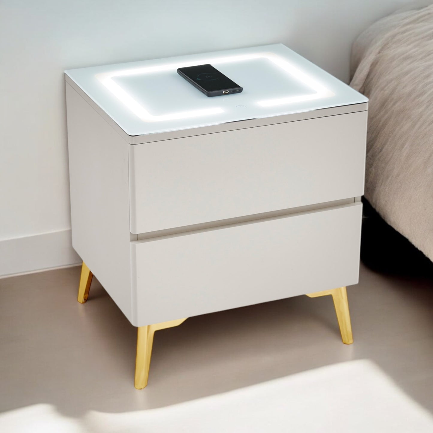 Chevet Lyda Bois Mat avec LED et Chargeur Induction