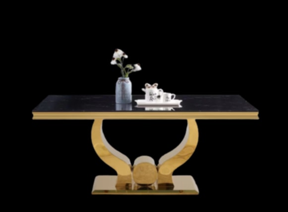 Table repas Trofy – Pieds gold et plateau effet marbre noir 150cm
