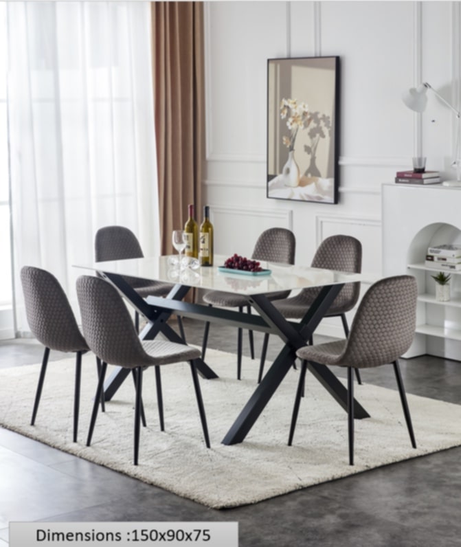 Table repas Ixe – Pieds métal et plateau effet marbre blanc 150x90x70 cm