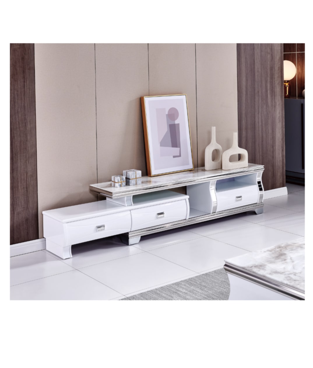 Meuble TV Sarah – Plateau en Marbre Beige
