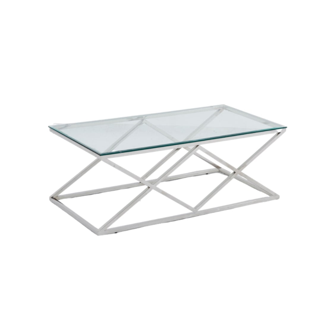 Table Basse Triangle – Pieds Chrome & Plateau Transparent 120x60 cm
