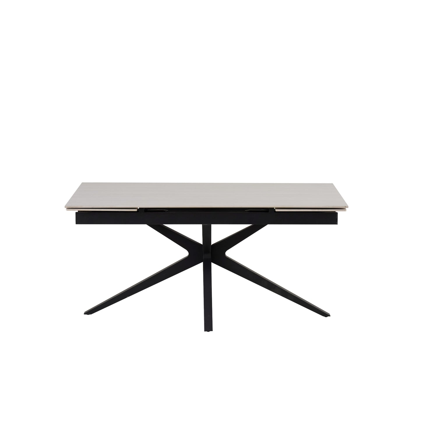 Table de repas extensible Tonia – Pieds métal noir et plateau céramique travertin blanc 180/260x90x76 cm