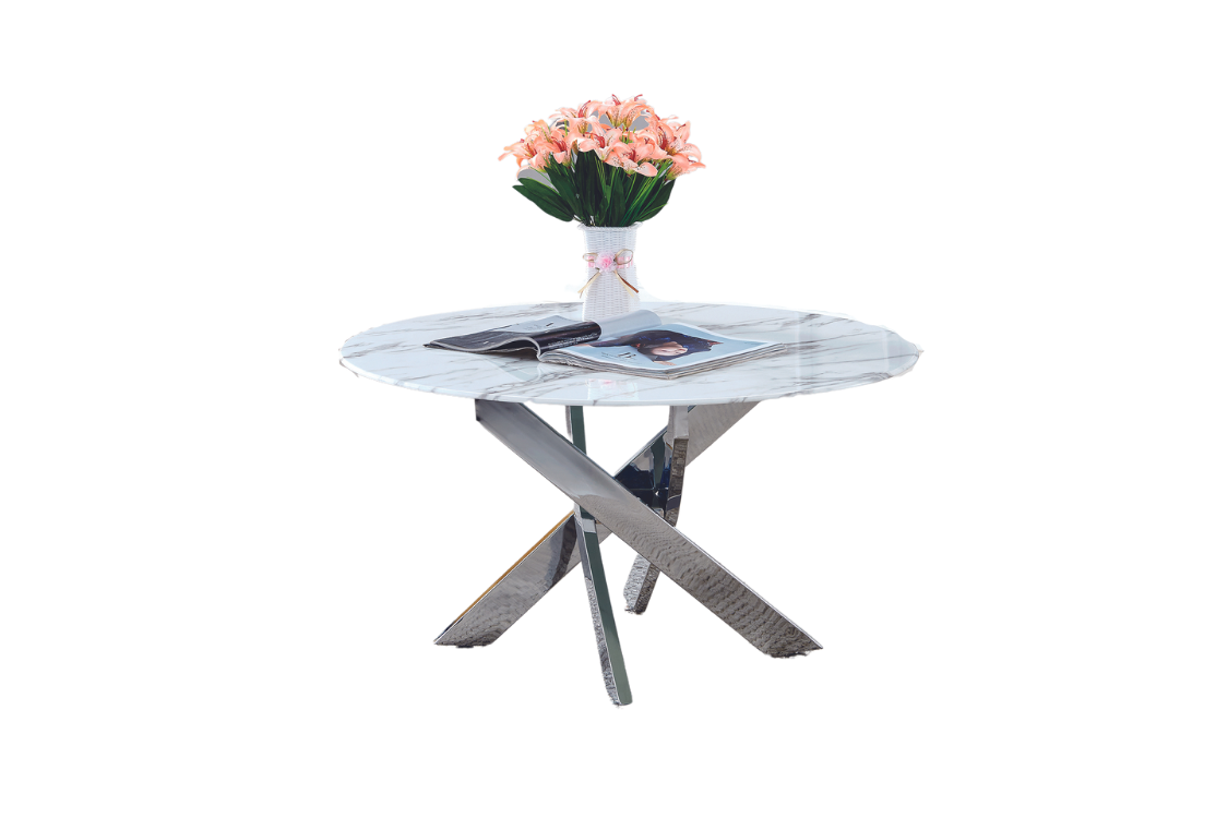 Table Basse Ronde Jessy – Finition Chrome & Plateau en Marbre Blanc (80x45 cm)