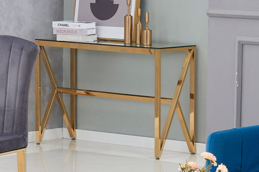 Console Majestique en Métal Doré avec Plateau Verre Transparent – 120x40x78 cm