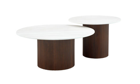 Tables Basses Gigognes Mina – Pied Bois Noyer & Plateau Céramique Effet Bois Blanc (60x45 cm + 80x38 cm)