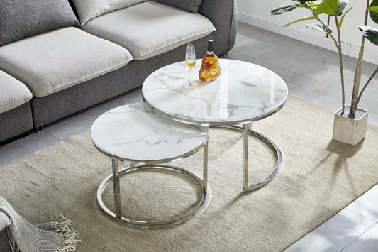 Tables Basses Gigognes – Pieds Chrome & Plateaux Marbre Blanc 80x45 cm