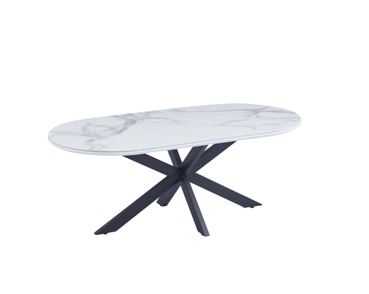 Table Basse Manon – Pied Métal Noir & Plateau Céramique Effet Marbre Blanc 120x60 cm