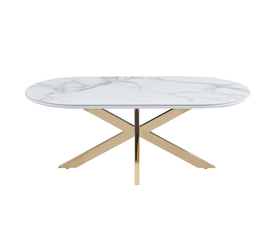 Table Basse Manon – Pied Doré & Plateau Céramique Effet Marbre Blanc 120x60 cm
