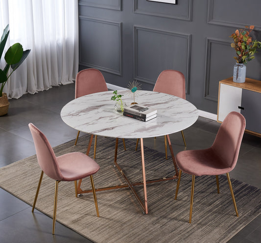 Table repas Héloïse – Pieds or rose et plateau effet marbre blanc Ø120 cm