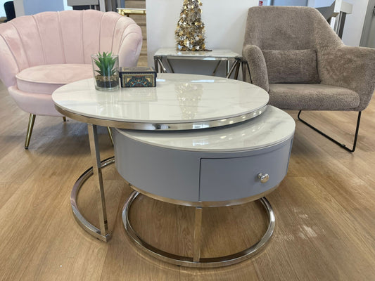 Tables Basses Gigognes Novela avec Tiroir – Marbre Blanc, Pieds Chrome, 80+60 cm