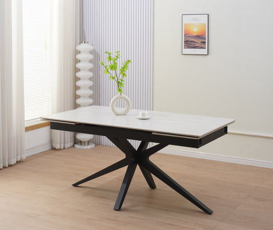 Table de repas extensible Nysa – Pieds métal noir et plateau céramique travertin mat 129/189x89x76 cm